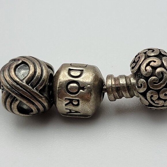 Pandora Brown Woven Leather Bracelet 6" With 3 Sterling Silver Charms All Marked - Picture 4 of 9